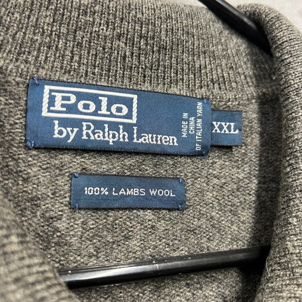 Polo Ralph Lauren Men XXL Gray 100% Lambswool Long Sleeve Polo Sweater Pony Logo